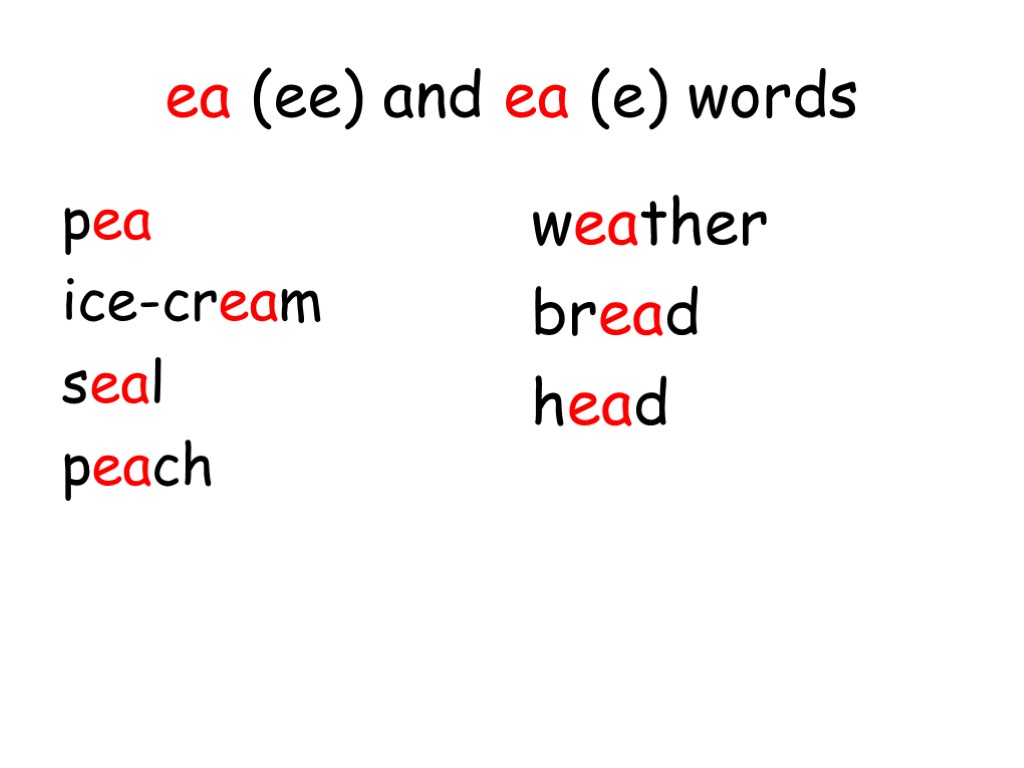 ea (ee) and ea (e) words pea ice-cream seal peach weather bread head